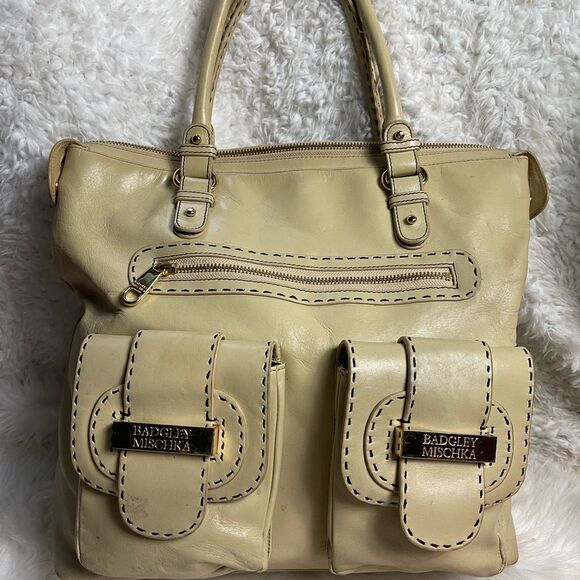 Badgley Mischka leather Beige extra large Satchel gold tone& brown stitch accent - Picture 5 of 16